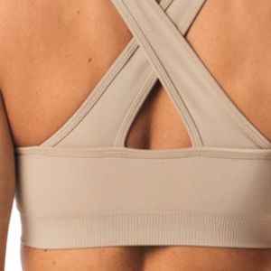 Beige Women's <b>Cross</b> Strap Sports Bra Lightweight Athletic Crop <b>Top</b> for Exercise Yoga Gym Running Fitness Training - Product Image 5