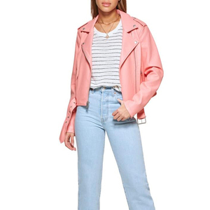 Veste en cuir PU rose pour femme, style moto, manches longues, fermeture éclair, col rabattu, couleur unie. - Product Image 3