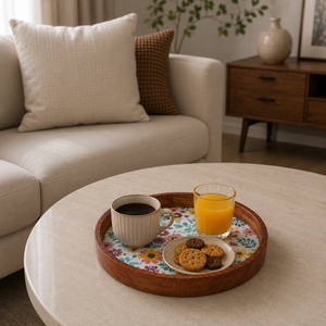 Custom Modern Premium Acacia Wood Serving Tray with Floral Design | Handmade Eco Friendly Decorative <b>Food</b> <b>Server</b> Home Hotel Use - Product Image 2