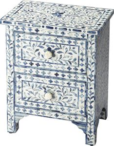 Meubles de chambre à coucher modernes et luxueux, avec une table de chevet en nacre bleue et blanche à motifs floraux, dotée de deux tiroirs et de poignées. - Product Image 2