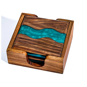 Eco Friendly Wholesale Insulated Square Acacia Wood Epoxy Resin <b>Coaster</b> for Beverage Cups <b>Beer</b> Coffee Resin <b>Coaster</b> with Stand - Product Image 1