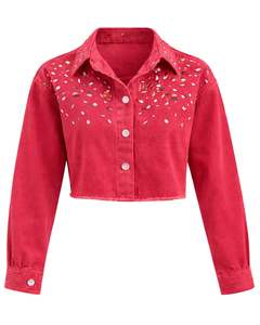 Veste en jean courte pour femme, rouge vif personnalisée, avec fermeture boutonnée sur le devant ornée de strass, manches longues, style streetwear tendance - Product Image 1