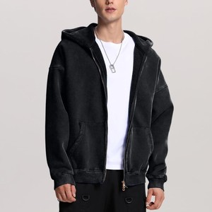 Sweat à capuche zippé oversize pour homme en molleton de qualité supérieure, noir délavé, à manches longues, avec poches, style streetwear décontracté, OEM - Product Image 5