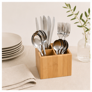 Porte-couverts premium à 4 compartiments, artisanal, écologique, en bois, pour le rangement des ustensiles sur le comptoir de cuisine - Product Image 4
