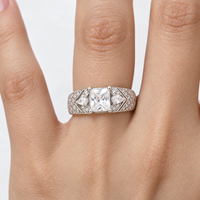 Square Center 925 Sterling Silver Zircon Ring with Two Pear Side Stones and Chevron Pave Shoulders