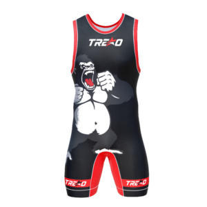 Traje de Lucha Personalizado con Diseño de Gorila Rugiente para Hombre, Negro y Rojo, Sublimado, Uniforme de Competición, Logotipo Personalizado, Ropa Deportiva OEM - Product Image 1