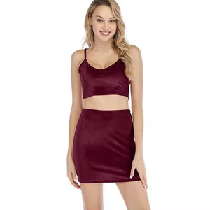 Conjunto de Falda de 2 Piezas de Terciopelo Estampado para Mujer 3Starsexperts, Top de Tirantes Elástico Antiestático y Minifalda Casual - Product Image 5