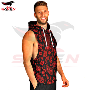 Black Red Outer Wear With Customized Logo Printed Breathable Soft Touch Material Unique Design Fitness Gym <b>Sleeveless</b> Hoodies - Product Image 2