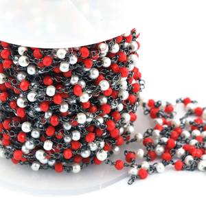 Chaîne perlée de style chapelet en corail rouge et perles, finition artisanale de qualité supérieure, avec chaîne de bijoux plaquée argent, pour travaux manuels, export en gros - Product Image 5