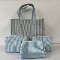 Set Tas Kosmetik Wanita Motif Garis Quilted Bahan Katun Lembut Tahan Air, Tas Travel Organizer Kosmetik, Set Tas Ramah Lingkungan