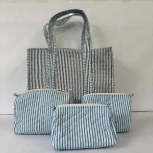 Striped Quilted Cotton Handbag with Makeup Pouch Set Women Travel Tote Cosmetic Organizer Combo Eco Friendly Bag Set - Product Image 2