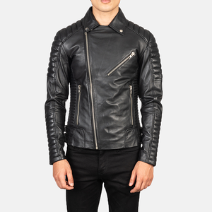 <b>Men's</b> Genuine Leather Moto <b>Jacket</b> Stand Collar Zipper Closure Slim Fit Black Regular Sleeve Autumn Style - Product Image 1