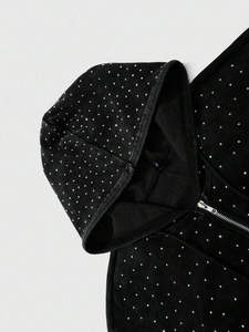 Sudadera con capucha y cremallera para hombre, de algodón grueso, con lavado ácido retro, negra, con diseño de pedrería completa, bordado personalizado, estilo otoñal - Product Image 4