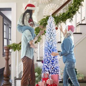 Albero di Natale a forma di matita sfumato blu da 2,1 m con 300 luci LED bianco caldo e 725 rami incernierati, design sottile, base in metallo - Product Image 1