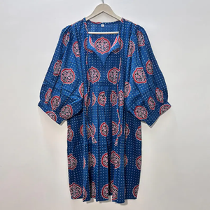 Robe décontractée mi-longue en coton tissé uni pour femme, manches ballon, taille empire, style babydoll, col en V oversize, coupe ample - Product Image 1