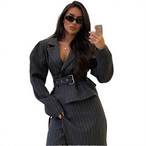 Women's Striped Pinstripe <b>Blazer</b> <b>Set</b> Belt Full Length Elegant Two Piece Suit Long Sleeve Bow Collar Woven Fabric - Product Image 3