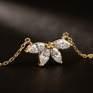 Marquise Cut Lab Grown Diamond Cluster Flower Petal Pendant <b>Necklace</b> Featuring Butterfly Motif Style Four Diamond <b>Delicate</b> Wear - Product Image 1