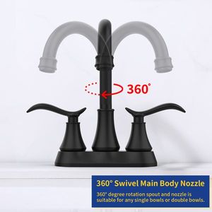 Rubinetto per lavabo da bagno a 2 maniglie con beccuccio girevole a 360 gradi, 4 pollici, con scarico a scomparsa e tubi di alimentazione, nero opaco, 4 fori centrali - Product Image 3