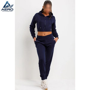 2026 Best Sale Product Zip Front Navy Color Ladies Gym <b>Crop</b> Tracksuits, Long Sleeve <b>Crop</b> <b>Tops</b> Pants Casual Wear Tracksuit Set - Product Image 2