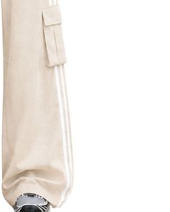 Pantalon cargo ample beige sur mesure pour femme avec bandes latérales blanches, taille haute, coupe décontractée, style streetwear - Product Image 4