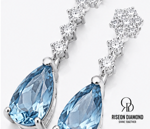 18K White Gold Sky <b>Blue</b> Gemstone Drop <b>Earrings</b> Pear Shape Diamond <b>Studded</b> Floral Top Bridal Wedding Luxury Fashion Jewelry - Product Image 5