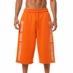 Distressed Embroidery Fleece <b>Shorts</b> Oversize 450 GSM Cotton Terry <b>3</b>/<b>4</b> Wide Leg <b>Shorts</b> Men Casual Winter Sweat <b>Shorts</b> Knee Length - Product Image 1