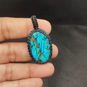 สร้อยคอจี้หินเทอร์ควอยซ์ธรรมชาติทำมือ รูปไข่เจียระไน ประดับด้วยเชือกถักสไตล์โบฮีเมียน วินเทจ คริสเตียน - Product Image 1