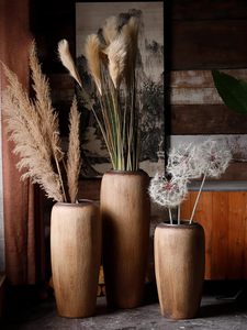 Vase de sol en céramique à grain de bois rustique, finition mate, fait main, grand vase à fleurs pour table, pour la décoration de la maison et des hôtels - Product Image 2
