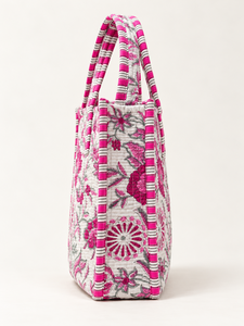 Sac fourre-tout matelassé en coton pour femme Veer Handicrafts QB-002, imprimé palmiers tropicaux rayés bleus, poignées vertes, fermeture éclair, plage - Product Image 6