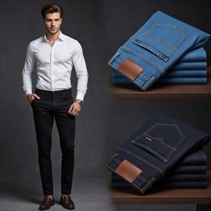 Jean en denim vintage pour homme, coupe droite ample, taille mi-haute, décontracté et tendance, lavable, couleur unie - Product Image 1