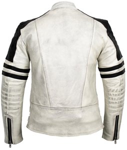 Blouson en cuir bicolore blanc et noir pour homme, style rétro Cafe Racer, avec manches rayées et fermeture éclair asymétrique sur le devant - Product Image 2
