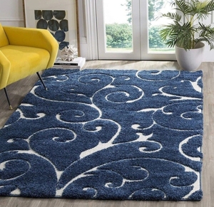 Tapis carré KV moderne à poils longs, motif floral, 1,5 m x 1,5 m, bleu, en polyester - Product Image 1