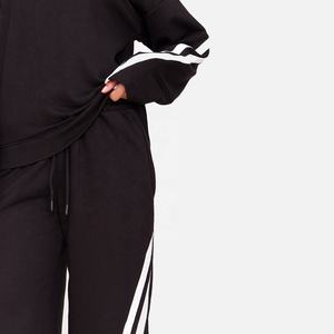 Pantalones de chándal de pierna ancha a rayas en contraste negro, sudaderas de cuello redondo holgadas, chándal para correr - Product Image 5