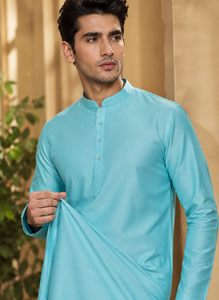 Traditional <b>Men</b> <b>Kurta</b> Pajama Sky Blue Silk Blend Long <b>Kurta</b> Set Ethnic Festival Wedding Wear Party Dress B2B Wholesale - Product Image 5