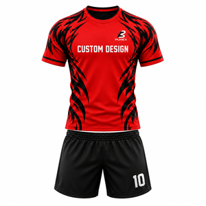 Ensemble de football pour hommes adultes pour clubs, maillot et short de football rouge et noir, col rond, coupe athlétique, uniforme respirant - Product Image 1