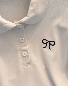Chemise à manches longues en tricot pour femme, 100% coton, tissu perlé, nœuds brodés sur le col, logo et couleur personnalisés - Product Image 3