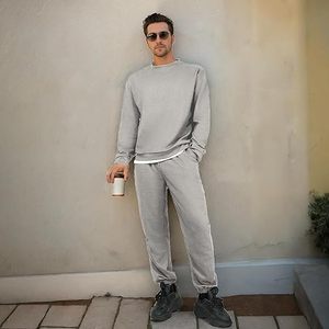 Survêtement en coton gris pour homme, sweat-shirt à col rond, pantalon de jogging, couleur unie, longueur intégrale, vêtements décontractés avec poches latérales, taille élastique - Product Image 5