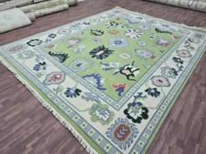 Abstract Area Rug Rectangle Pink Green Hand Tufted Wool Silk Flat Pile Eco Friendly Pet Friendly Stain Resistant Living Room - Product Image 3