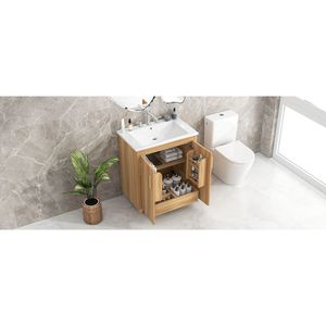Mobile Bagno Multifunzionale da 30 Pollici con Lavabo Integrato, Mobile in MDF Naturale con Ante e Cassetto - Product Image 4