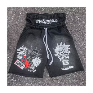 OEM Custom Heavyweight Acid Wash Cotton Drawstring Rhinestones Double Waist Shorts Streetwear Printed Men Summer Shorts - Product Image 1