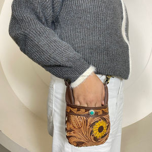 Fashion Hand Tooled Cow Leather Mobile <b>Phone</b> <b>Bag</b> Designer Turquoise Stone Accent & Floral Purse Multi-function Women's Waist <b>Bag</b> - Product Image 5