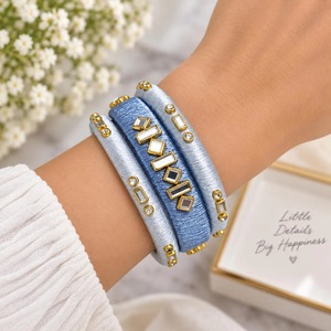 Brazaletes de Aleación Chapados en Oro para Mujer con Cristales de Estrás, Patrón Geométrico, Color Azul, Joyería para Fiestas - Product Image 3