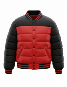 Chaqueta Bomber de Invierno para Hombre, Roja y Negra, Estilo Universitario, con Botones a Presión, Cuello y Puños Acanalados, Corte Ajustado - Product Image 1