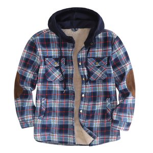 Flannel Cotton Jacket Sherpa Lined Quilted Long Sleeve Plaid Snap Button up Hooded Jacket <b>Shirt</b> - Product Image 2
