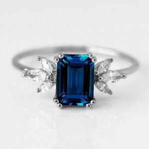 London Blue Topaz Wedding Bridal Ring Halo Emerald Cut London Blue Topaz Anniversary Ring Gift For Her - Product Image 3