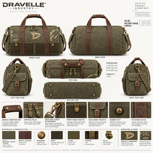 Sac de voyage en toile robuste de 16 oz, style sac de voyage avec poignées en cuir, exportation directe - Product Image 4