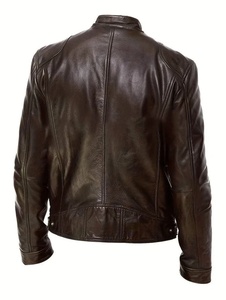 Chaqueta de Motociclista de Cuero Genuino para Hombre, Color Marrón, Cuello Alto, Cierre de Cremallera, Corte Ajustado, Estilo Biker, para Otoño - Product Image 2