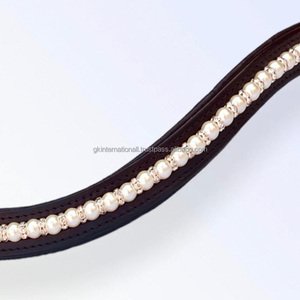 Banda de cuero con forma de onda para cejas de caballo en cuero negro inglés con una sola fila personalizada Bling Diamante White Pearl Crystal - Product Image 6