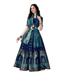 Lehenga Choli Azul Bordado con Estampado, Vestido Largo hasta el Suelo con Corte en A, Top Corto de Manga Corta, Estilo Clásico - Product Image 1
