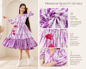 Robe en coton tie-dye bohème pour femme, élégante, col en V, manches élastiques, coupe fluide, ourlet à volants, robe midi décontractée pour l'été et les occasions festives - Product Image 3